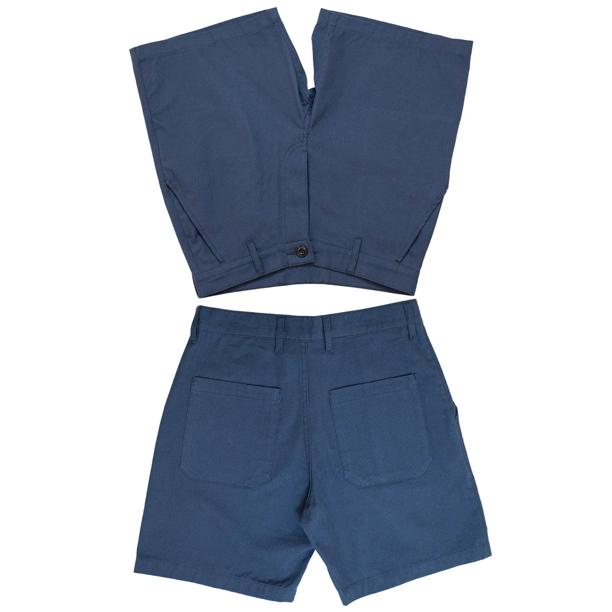 A pair of navy blue shorts shown from both the front and back views, laid flat on a solid white background.