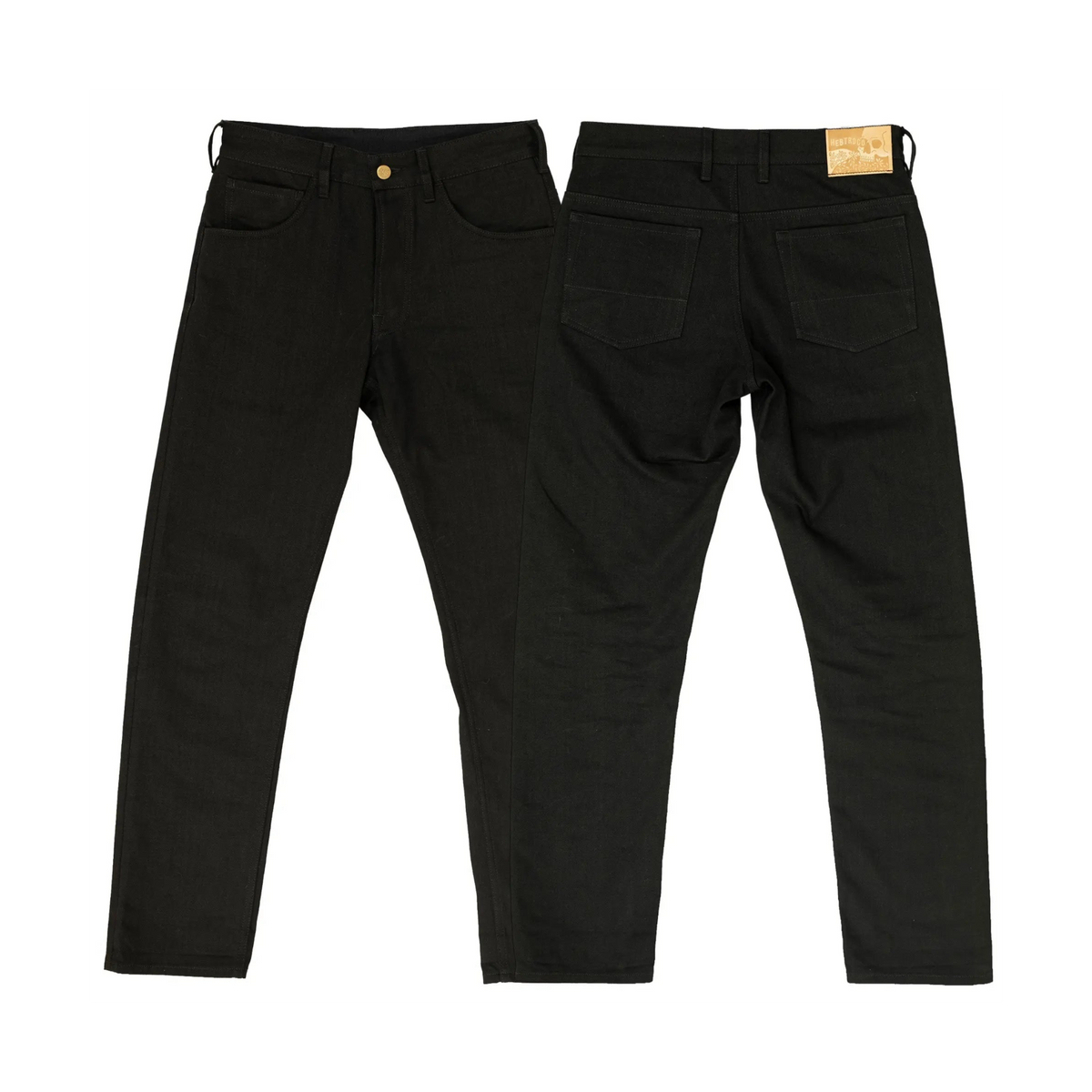 A pair of black slim-fit jeans shown from both the front and back views, laid flat against a solid white background. The front view shows the button closure and front pockets, while the back view shows the back pockets and a tan leather brand patch.