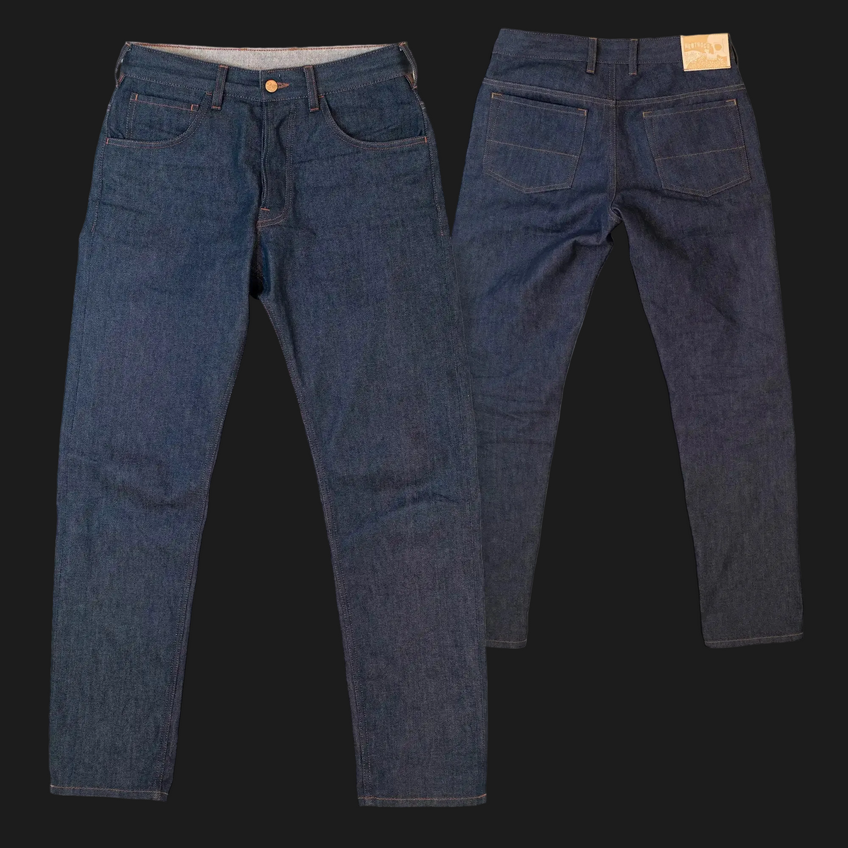 Two pairs of blue denim jeans shown against a black background, with one pair facing forward and the other facing backward to display both the front and back waistband details.