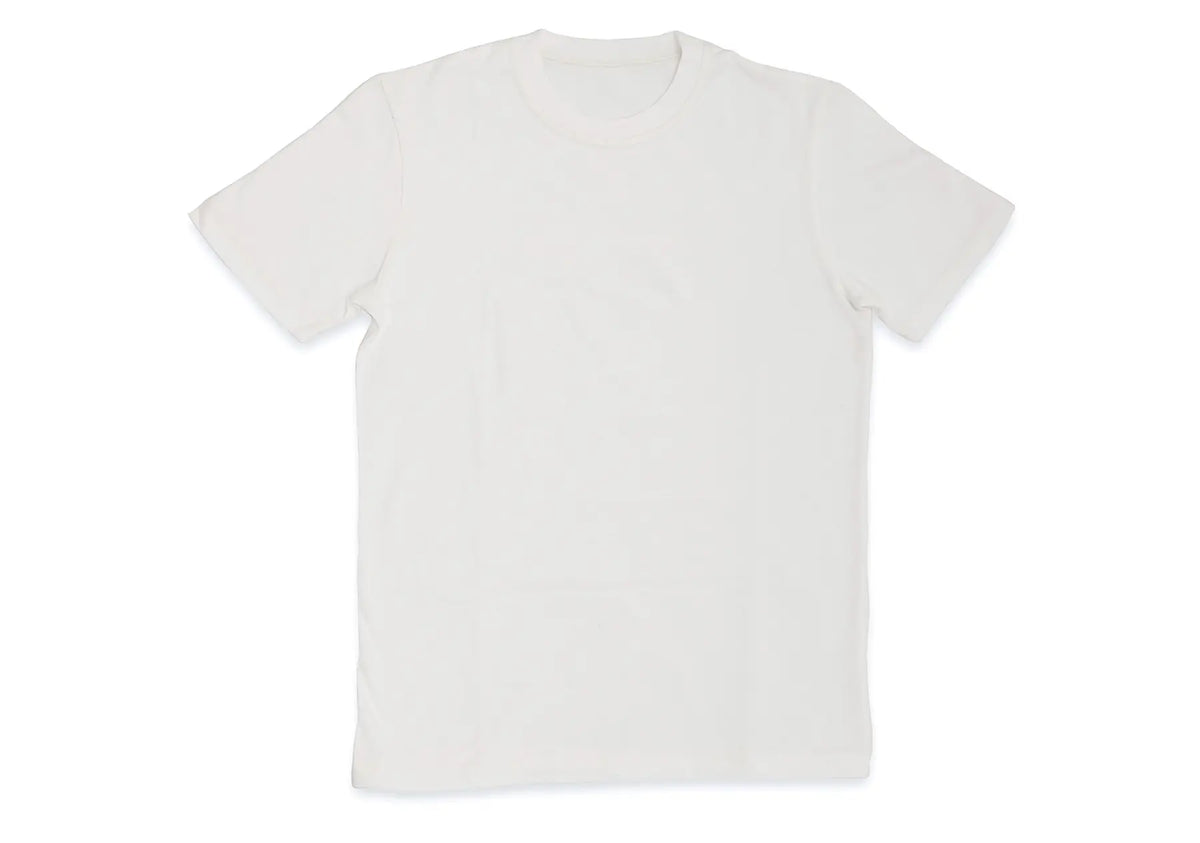 A plain white short-sleeve crewneck t-shirt laid flat against a white background.
