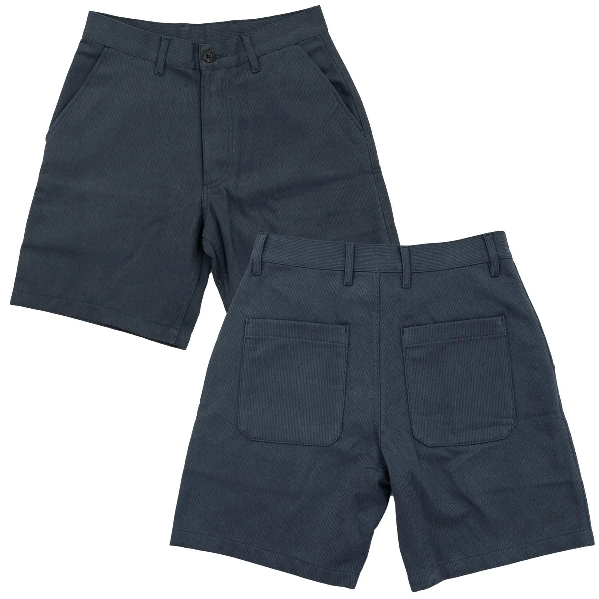 A pair of dark slate blue work shorts shown from both the front and back angles on a plain white background.