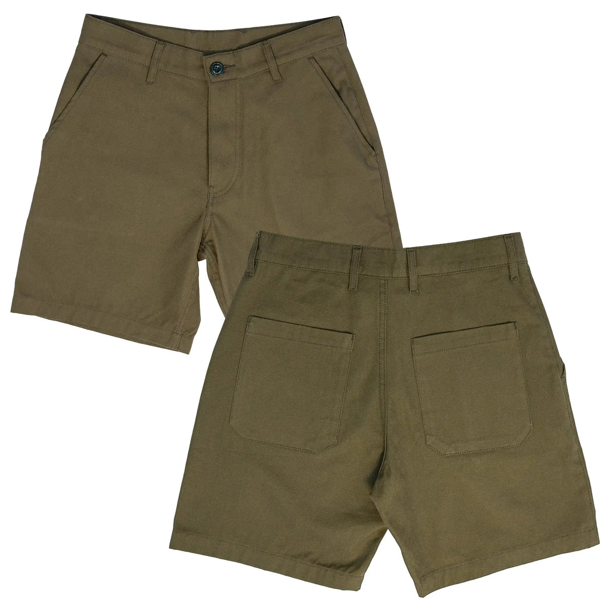 A pair of olive green chino shorts shown from both the front and back angles on a plain white background.