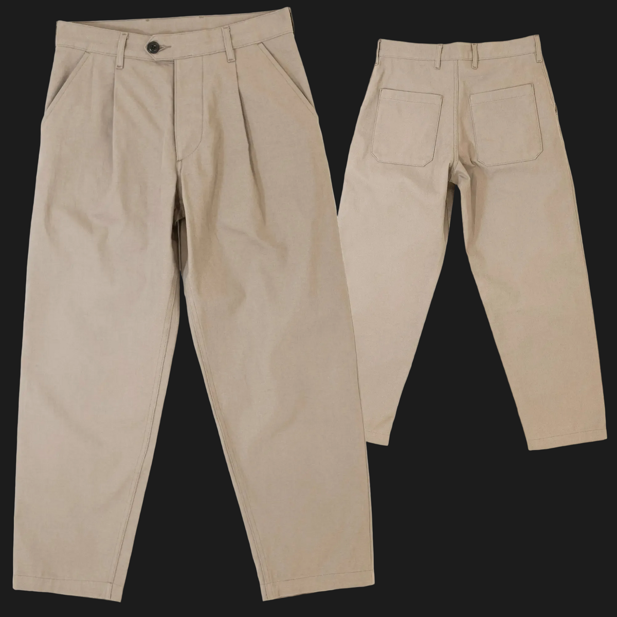 A pair of light beige pleated trousers shown from both the front and back angles against a solid black background.