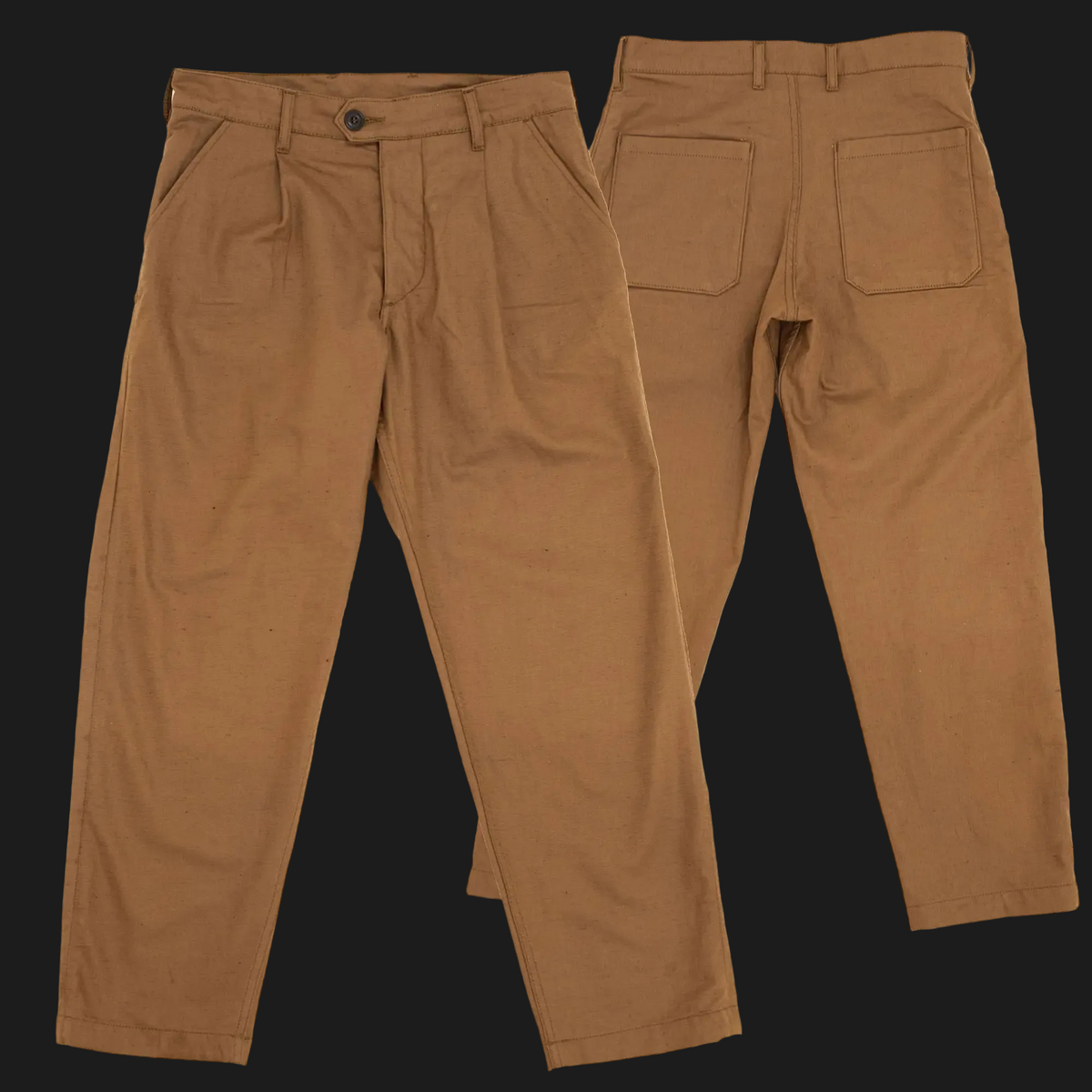 A pair of tan work pants shown from both the front and back angles, laid flat against a solid black background.