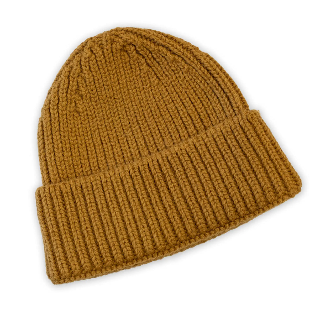 A mustard yellow ribbed knit beanie hat, shown at an angle on a clean white background.